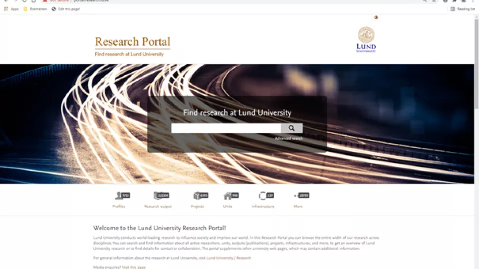 Start page Lund University research portal. Screen shot.