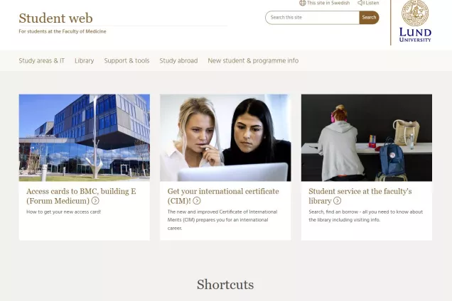 Frontpage Student web. Screenshot.