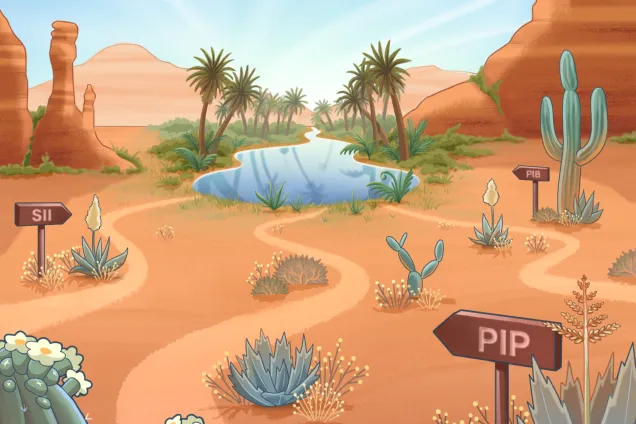 An illustration of a desert with three roads leading to an oasis. Illustration: Avesta Rastan
