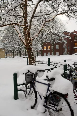 Street view with a parked bike and a lot of snow. Photo.