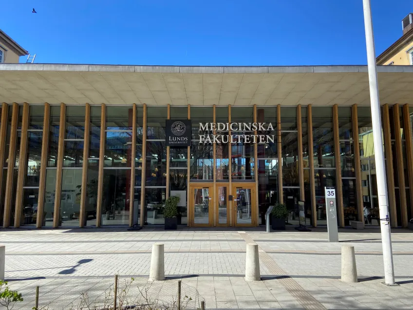 Grand entrance with glass facade in Malmö. Photo. 