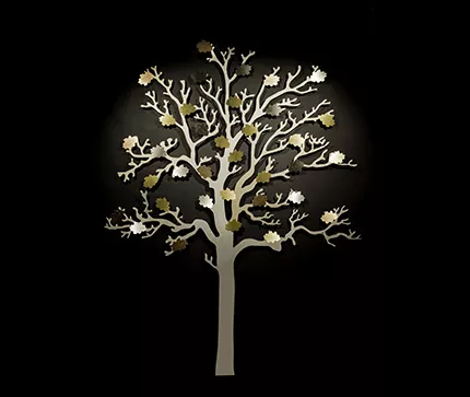 Donators' tree made by an artist and mounted on a black wall. Photo.